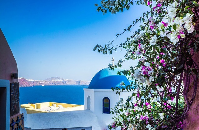 ギリシャのサントリーニ島の青いドームと花